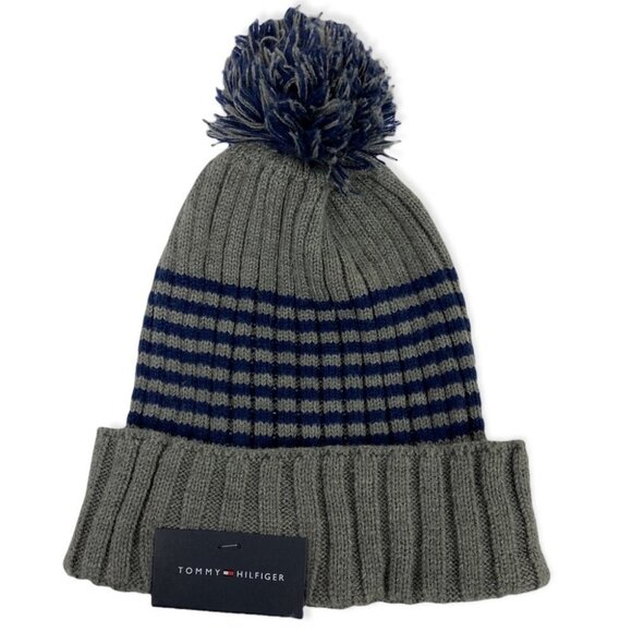 NWT Tommy Hilfiger Blue Grey Striped Ribbed Knit Pom Pom Hat Toque Beanie NEW - Picture 3 of 7